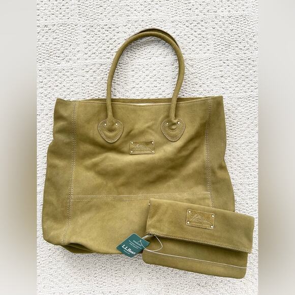 LL Bean green suede boat tote and wallet clutch NWT shoulder bag gorpcore spring - Picture 1 of 15